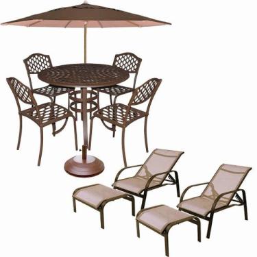Imagem de Jogo de Mesa com 4 Cadeiras Jardim Alumínio Fundido com Ombrelone e 2 