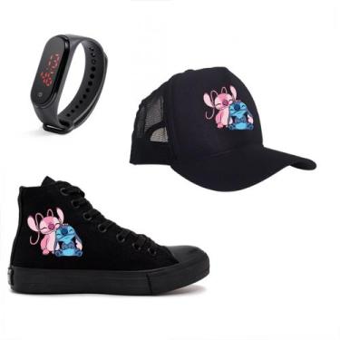 Imagem de Tênis Estampado Kit Relogio e Boné Lilo Stitch Novo Casal Apaixonado I