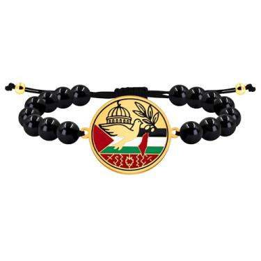 Imagem de Uloveido Pulseira Palestina com contas de pedra feita à mão com design de ramo de oliveira da pomba da paz - Pulseira palestina de identidade cultural com gravação personalizada, joia de cultura