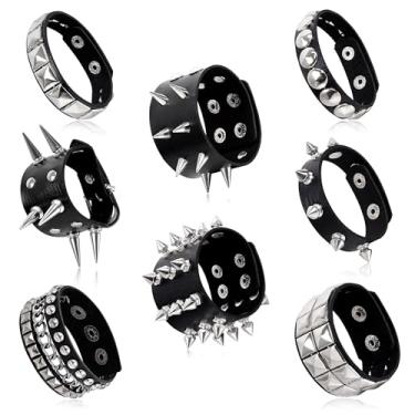Imagem de LOAYHOAY 8 peças de pulseiras cravejadas para homens e mulheres pulseira preta punk gótico pulseira de couro emo rebite ajustável rock pop anos 80 anos 90 retro botão metal envoltório pulseiras