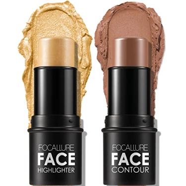 Imagem de FOCALLURE 2 peças de bastão de contorno de creme mineral, iluminador hidratante e caneta bronzeadora, lápis antiaderente, brilho facial e sombreado, maquiagem iluminadora facial de deslizamento suave