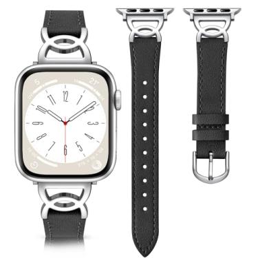 Imagem de DaQin Pulseira feminina de couro fina compatível com Apple Watch séries 11, 10, 9, 8, 7, 6, 5, 4, 3, 2 e 1 SE, preta