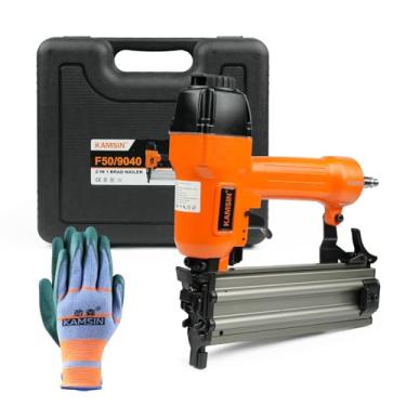 Imagem de KAMSIN F50/9040 18 Gauge 2 em 1 Pregador a ar para Brad ou Upholstrey com sistema de segurança Touch-Strike, aceita pregos de 3/8" - 2" (10-50 mm) pregos de roda ou 1"-1 5/8" Upholstrey Grampos, 2 em