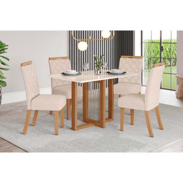 Imagem de Conjunto: Mesa Sala Jantar Natalí c/ Tampo Madeirado c/ Vidro Reto 120x80cm e 4 Cadeiras Bella Nature/Linho - Henn