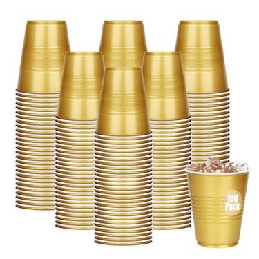 Imagem de Copos descartáveis Dualshine, 12 onças, plástico dourado, pacote com 1