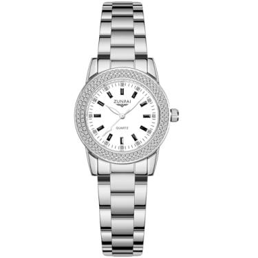 Imagem de ZUNPAI Relógio de luxo feminino cravejado de diamante redondo, aço inoxidável, à prova d'água, luminoso, analógico, quartzo, relógios de pulso femininos, moda feminina, elegante, relógio feminino