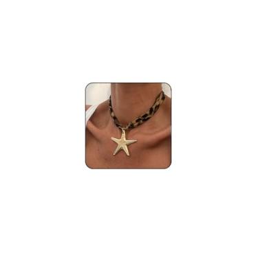 Imagem de Colar de cachecol com pingente de bandana com berloques, laço de coração grosso, círculo, cruz, flor, estrela-do-mar, espiral e pingente de concha, colares dourados de leopardo para mulheres, joias