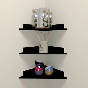 Imagem de Kit 3 Prateleiras de Canto MDF Cozinha Escritório Quarto 35 cm Nicho Várias Estampas - Preto