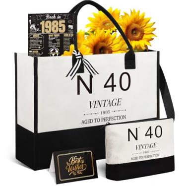 Imagem de Sacola de lona para presente de aniversário de 40 anos, presente personalizado de 40 anos para esposa, mãe, irmã, ela, vintage nº 40, bolsa de viagem, bolsa de cosméticos e pôster de volta em 1985