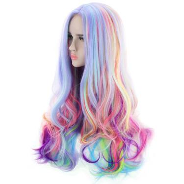 Imagem de Peruca AGPTEK Full Long Curly Wavy Rainbow Hair resistente ao calor