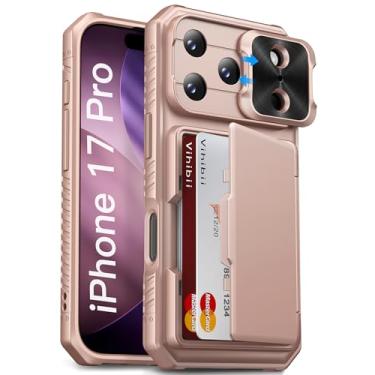 Imagem de Vihibii Capa carteira para iPhone 17 Pro com suporte para cartão (4 cartões) [bloqueio RFID] e capa de câmera deslizante, proteção contra quedas de grau militar, capa de telefone robusta e borda de