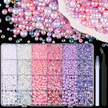 Imagem de 10.000 peças de pérolas planas e strass de resina para artesanato, rosa roxo 3-8 mm meias pérolas e strass de geleia de 3-6 mm com ferramentas de captação, pedras deslumbrantes para artesanato faça