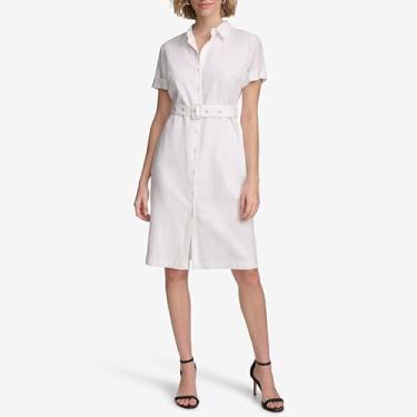 Imagem de Calvin Klein Vestido feminino de linho elástico com cinto, Branco macio, 44