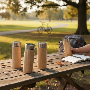 Imagem de Kit 4 Garrafa Térmica Squeeze Bambu Inox Medidor Temperatura 430ml - B