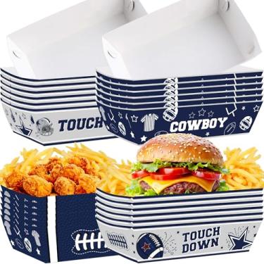 Imagem de Hokinaa Decorações de aniversário de futebol caubói - 24 peças de bandejas de comida de festa de rúgbi americano azul papel servir, lanches, barcos, travessas, feliz dia de jogo, artigos de festa