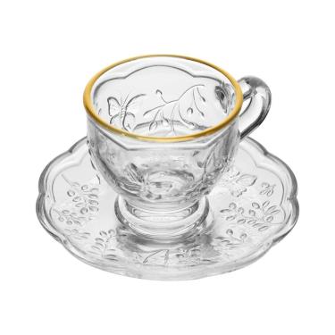 Imagem de Xícara P/Café C/Pires de Cristal New Butterfly Transparente C/Fio de Ouro 80ml Lyor