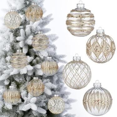 Imagem de Soulchen 4 peças de enfeites de bola de Natal de 10 cm grande de plástico transparente champanhe dourado inquebrável enfeites de árvore de Natal com glitter para pendurar em festas de Natal, festas de