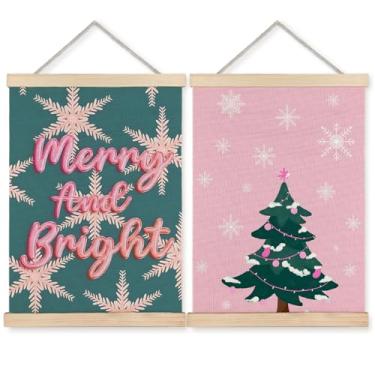 Imagem de BearCake Moldura de pôster de arte de parede de Natal rosa e verde, decoração de casa de Natal, árvore de Natal Feliz Natal, árvore de floco de neve, decoração de parede para casa, quarto, sala de