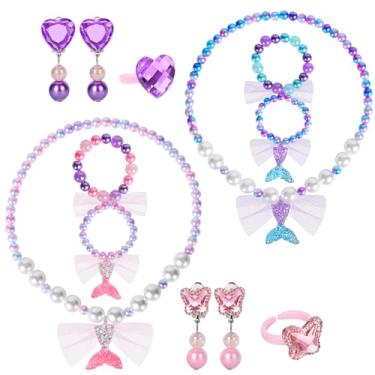 Imagem de BAOBAOJOY 2 conjuntos de joias de sereia para meninas, colar de sereia, pulseira de concha, anel e brincos acessórios de princesa para crianças de 3 a 8 anos, aniversário, dia das bruxas e presente de