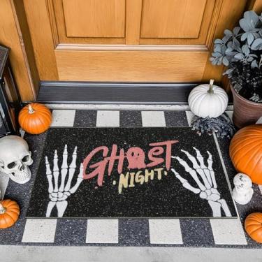 Imagem de TYUU Tapete de porta de Halloween, capacho de Halloween, tapete absorvente de entrada para porta frontal externo com suporte antiderrapante, 43 cm x 76 cm, mãos de esqueleto, preto