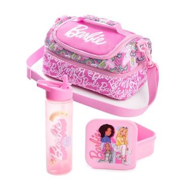 Imagem de Barbie Lancheira rosa para meninas com garrafa e pote de lanche | Conjunto de transporte com zíper Stronger Together | Alça de ombro ajustável | Mercadoria de design gráfico de desenho animado de