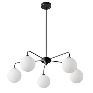 Imagem de Fulesi Lustre Sputnik de 5 luzes de meados do século com globo de vidro fosco branco luminária pendente de sala de estar grande lâmpada pendente para quarto cozinha ilha