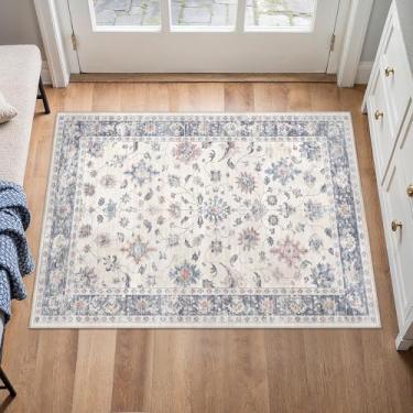 Imagem de HUGEAR Tapete de entrada 5 x 7 cm, vintage, azul, pequeno, lavável à máquina, retrô, floral, tapete de pelo baixo, aspirável, desgastado, para entrada, cozinha, banheiro, fazenda, sala de jogos