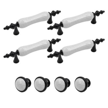 Imagem de Mewutal Conjunto de 8 puxadores de armário de cerâmica branca com padrão de rachadura e puxadores de gaveta puxadores de cômoda vintage com orifício central de 7,6 cm preto antigo puxadores