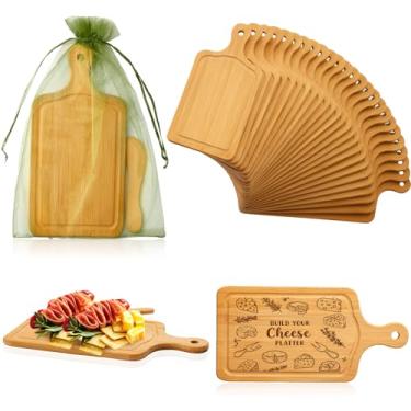 Imagem de Nuenen 50 peças mini tábua de corte de madeira a granel com alça, pequena charcutaria de madeira para artesanato, gravação a laser com facas, sacos de organza, lembrancinhas de festa de casamento