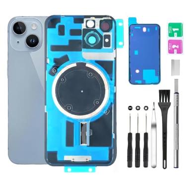 Imagem de Substituição de vidro da tampa traseira traseira para iPhone 14 + lente da câmera + ímã + suporte de peça de ferro com kit de ferramentas de reparo (azul)