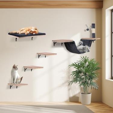 Imagem de Prateleiras de parede para gatos, conjunto de móveis de parede de gato de madeira maciça, com cama para gatos, rede, escada de feltro, poste de arranhador de sisal e bola (cor escura)