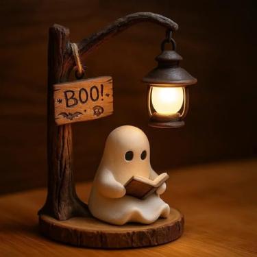 Imagem de Estátua de fantasma de Halloween com design de lâmpada de livro de leitura de fantasma fofo 3D exclusivo luz noturna presentes enfeites de mesa decoração desenho animado resina fantasma escultura para
