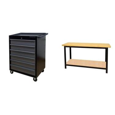 Imagem de Conjunto 1 Carro Profissional 6 Gavetas 1 Bancada Profissional de 150cm para Ferramentas Presto Preto