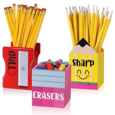 Imagem de Gilprop 3 porta-lápis afiados e sem brilho para baldes de borracha de sala de aula, dispensador de lápis em formato de madeira, suporte de caneta acabado, sem bricolage para professores de volta às