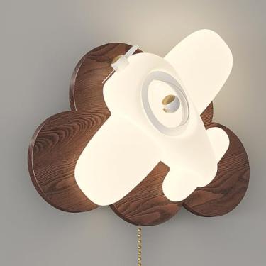 Imagem de Luminária de parede LED com desenho animado branco, luminária de parede nórdica de madeira de nogueira, abajur de PE, 24 W, arandelas de parede para quarto infantil, cabeceira, sala de estar