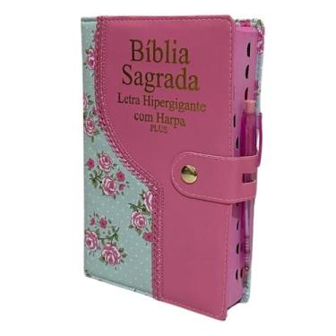 Imagem de Bíblia Evangelica Letra Hipergigante com Harpa Cristã Feminina Botão e