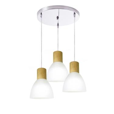 Imagem de Pendente em Vidro Anello Wood Branco Detalhe Madeira 3 Lâmpadas E27 Bivolt