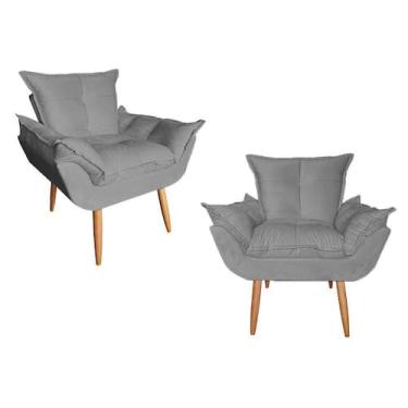 Imagem de Kit 02 Poltrona Opala Sala De Estar Pés Palito Suede Cinza - Hellen De