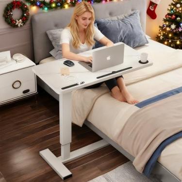 Imagem de BeGyoku Mesa de cama de hospital, mesas de cama pneumáticas ajustáveis sobre a cama com rodas ocultas e porta USB, carrinho de mesa para laptop móvel e mesa de cabeceira com bandeja para uso doméstico hospitalar branco