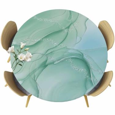 Imagem de Cuang Life Toalha de mesa redonda de mármore abstrata com borda elástica, capa de mesa à prova d'água gradiente azul-petróleo para uso interno e externo, cozinha, festa, pedra natural, ágata toalha de