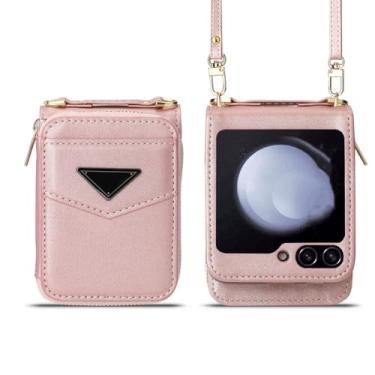 Imagem de Capa de telefone carteira crossbody para Samsung Flip5 Flip4 5G Slot para cartão com alça de couro, ouro rosa, para Galaxy Z Flip4 5G