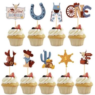 Imagem de 45 peças de enfeite de cupcake de aniversário de vaca, 9 estilos, decorações de muffin de um aniversário, chapéus de rodeio ocidental, botas, palitos de cupcake em ferradura, 1º enfeite de cupcake