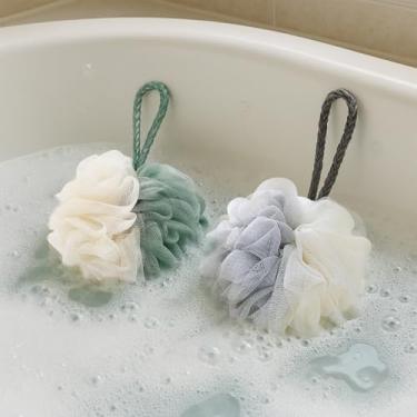 Imagem de 2 peças de bucha de chuveiro para mulheres, esponja de banho de malha de 50 g, esfregão esfoliante para o corpo, buchas macias de chuveiro, cinza + verde