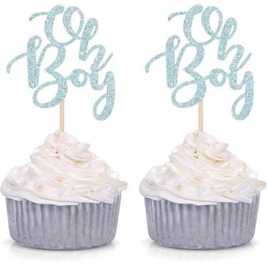 Imagem de 24 PCS Glitter Blue Oh Boy Cupcake Toppers Party Decors Baby Shower Decoration Picks
