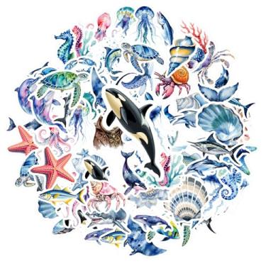 Imagem de 50 peças animais marinhos animais marinhos animais marinhos adesivos à prova d'água grafite realista brinquedo para telefone faça você mesmo, laptop, scrapbook, bicicleta, notebook, bagagem, copo de