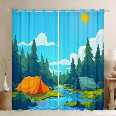 Imagem de Cortina de janela de paisagem natural, cortinas temáticas de acampamento para crianças, adolescentes e adultos, decoração de quarto de casa, tendas de céu azul sol, cortina de tratamento de janela de