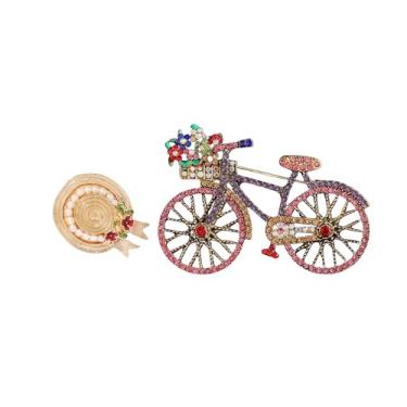 Imagem de Conjunto de broches femininos retrô de strass vintage estilo country conjunto de broche com bicicleta, chapéu, cesta, animal (filhote), guarda-chuva, câmera retrô, colorido, engraçado, acessórios de