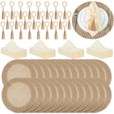 Imagem de Gejoy 72 peças de jogo americano redondo de serapilheira anéis de guardanapo de contas de madeira com pano de guardanapo de jantar, jogo americano resistente ao calor, juta, anéis de madeira boho para