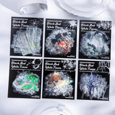 Imagem de Kit de adesivos de scrapbook preto e branco, 120 peças, preto, PET transparente, impermeável, conjunto de adesivos para lixo, diário, garrafas de água, celular, laptop, decalques para adolescentes