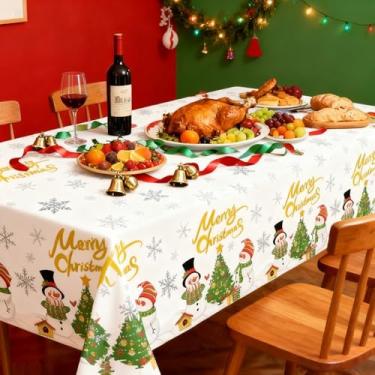 Imagem de Toalha de mesa de plástico descartável para decoração de Natal, retangular, 1 pacote com 137 x 274 cm, decoração de festa, decoração de mesa para ambientes internos e externos, pano de fundo branco